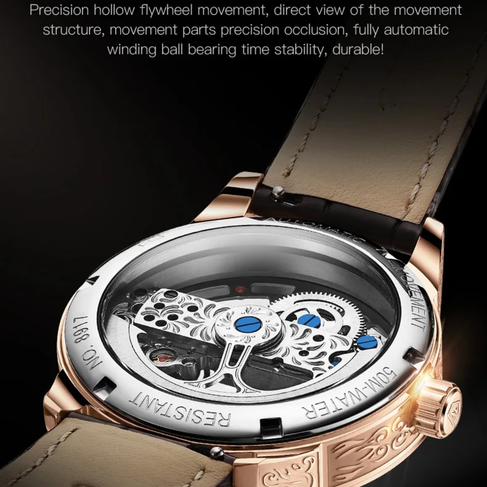 JSDUN Rose Gold Skeleton Luxury Men Automatic Watch